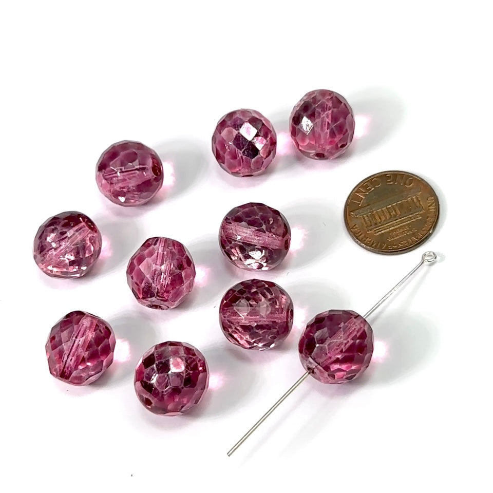 Fuchsia Silver coated loose Traditional Czech Fire Polished Round Faceted Glass Beads 14mm 10pcs CF099