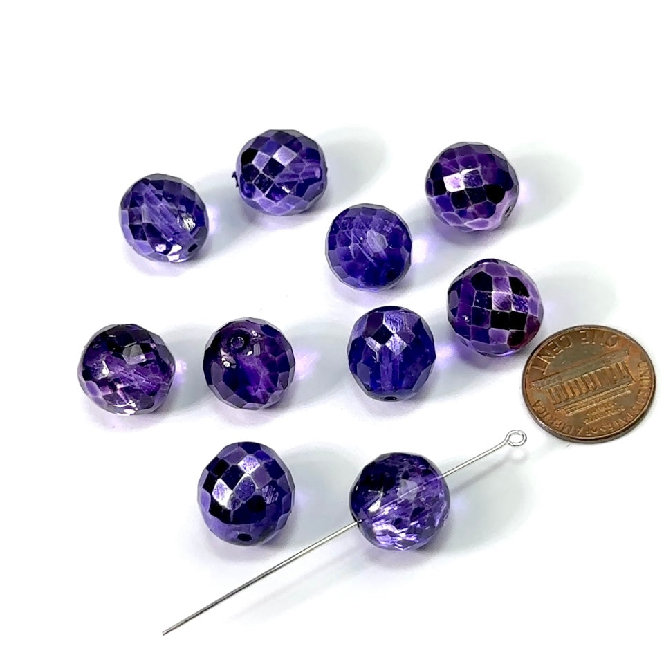 Purple Silver coated loose Traditional Czech Fire Polished Round Faceted Glass Beads 14mm 10pcs CF106