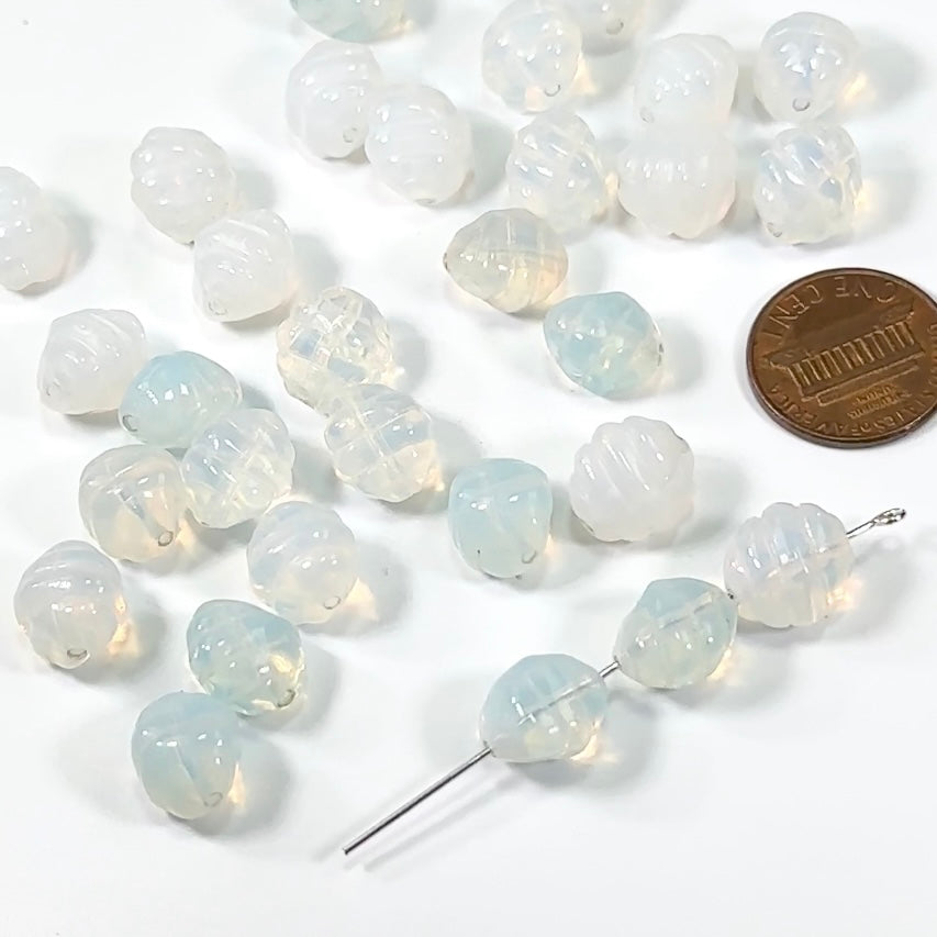 Czech Pressed Druk Fancy Snail Glass Beads White Opal 12x11mm 30pcs CL131