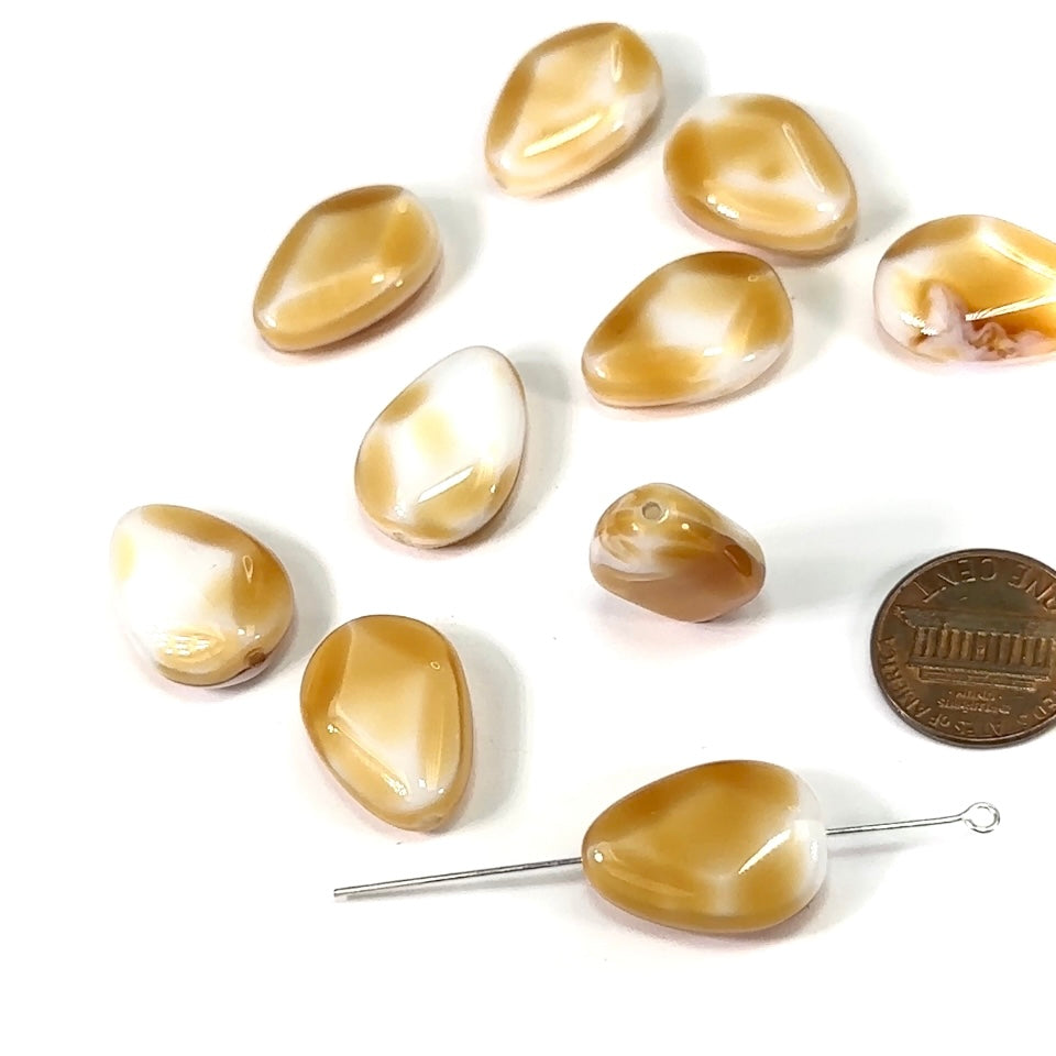 Czech Pressed Druk Pear Shape Glass Beads 20x15mm Beige White 2-tone 10pcs CL263