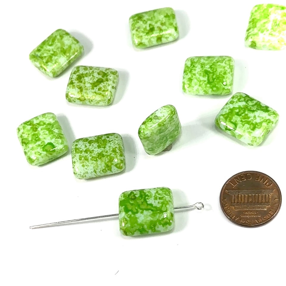 Czech Pressed Druk Rectangle Glass Beads 18x15mm Green Marble Coated 10pcs CL283