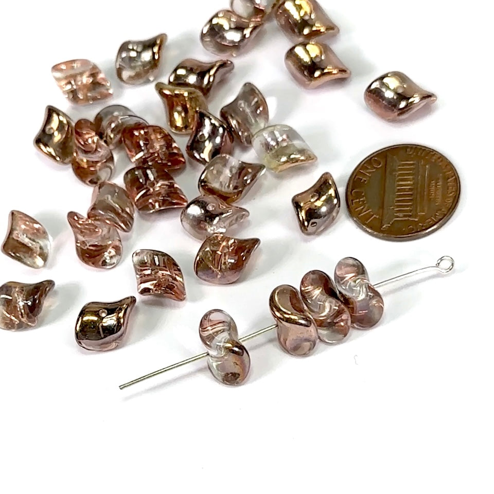 Czech Pressed Druk Twisted Spacer Glass Beads 5x12mm Crystal Rose Gold 40 pcs CL290