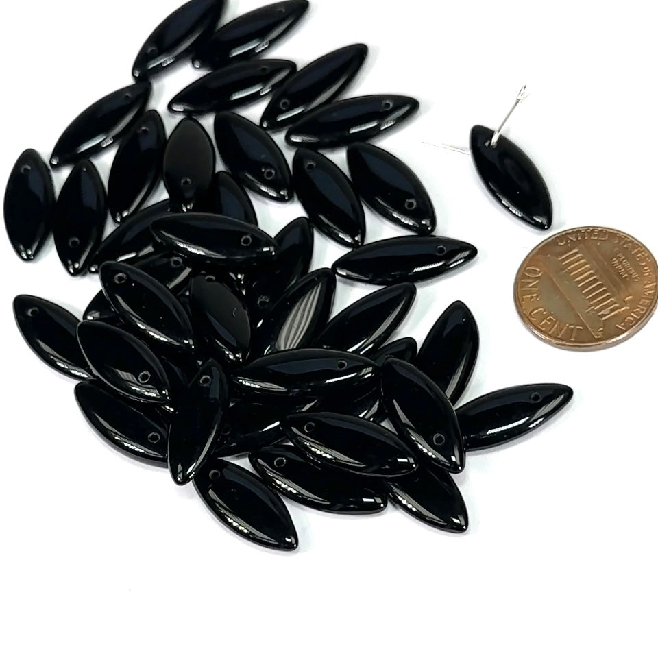 Czech Pressed Druk Smooth Navette Top Drilled Glass Beads Jet Black 20x8mm 30pcs CL311