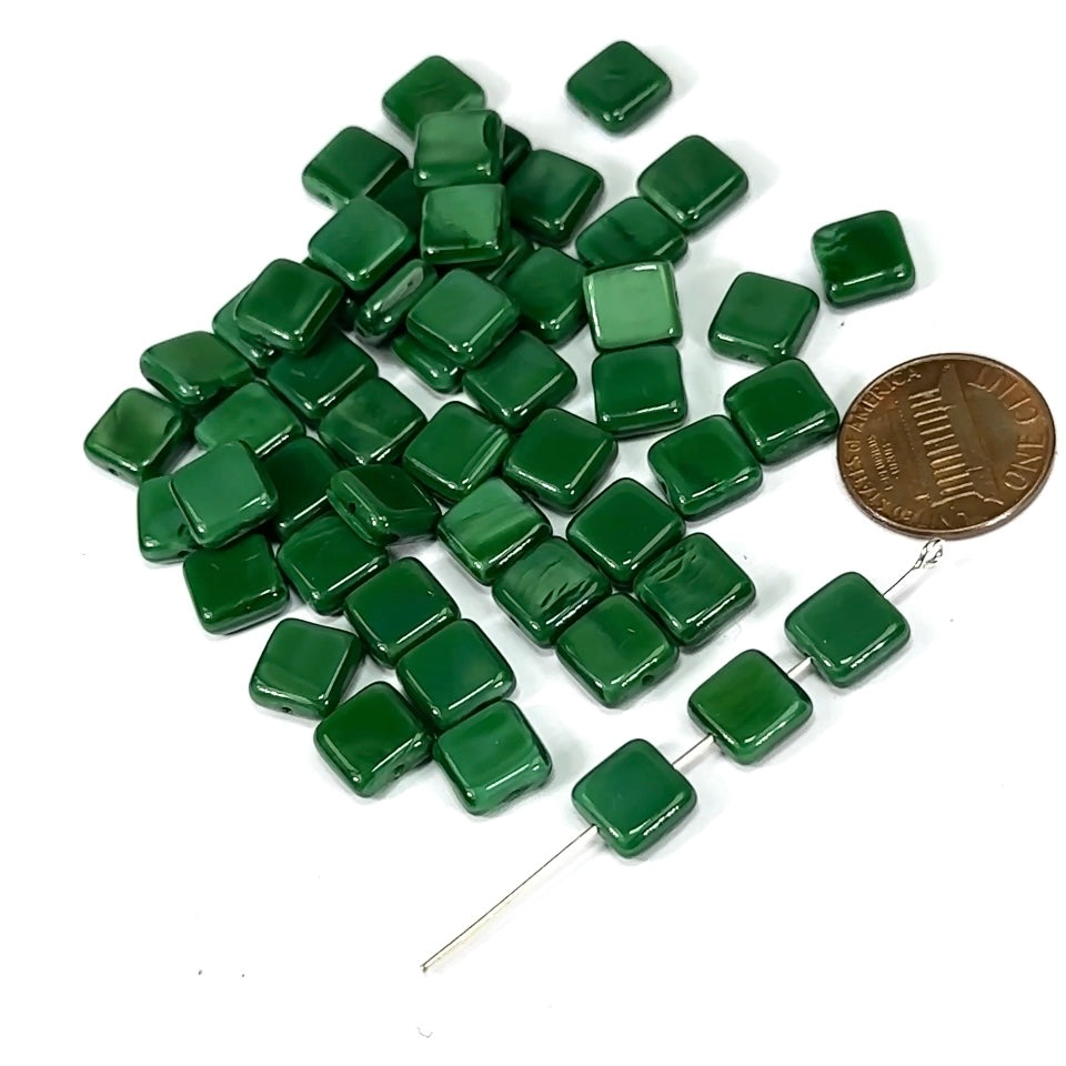 Czech Pressed Druk Flat Square Glass Beads 8x8mm Green Marvel Opaque 50pcs CL522