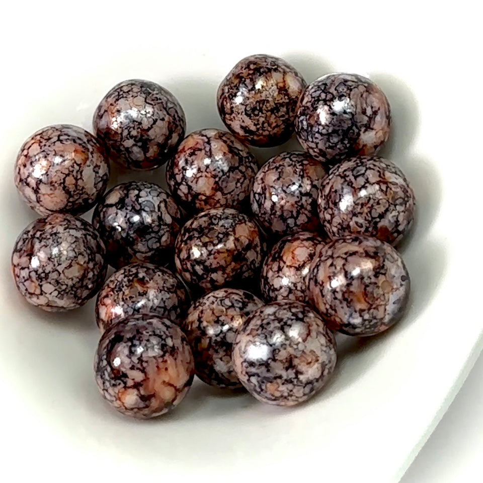 Czech Pressed Druk Round Smooth Glass Beads 12mm Brown Marble 15 pieces CL661