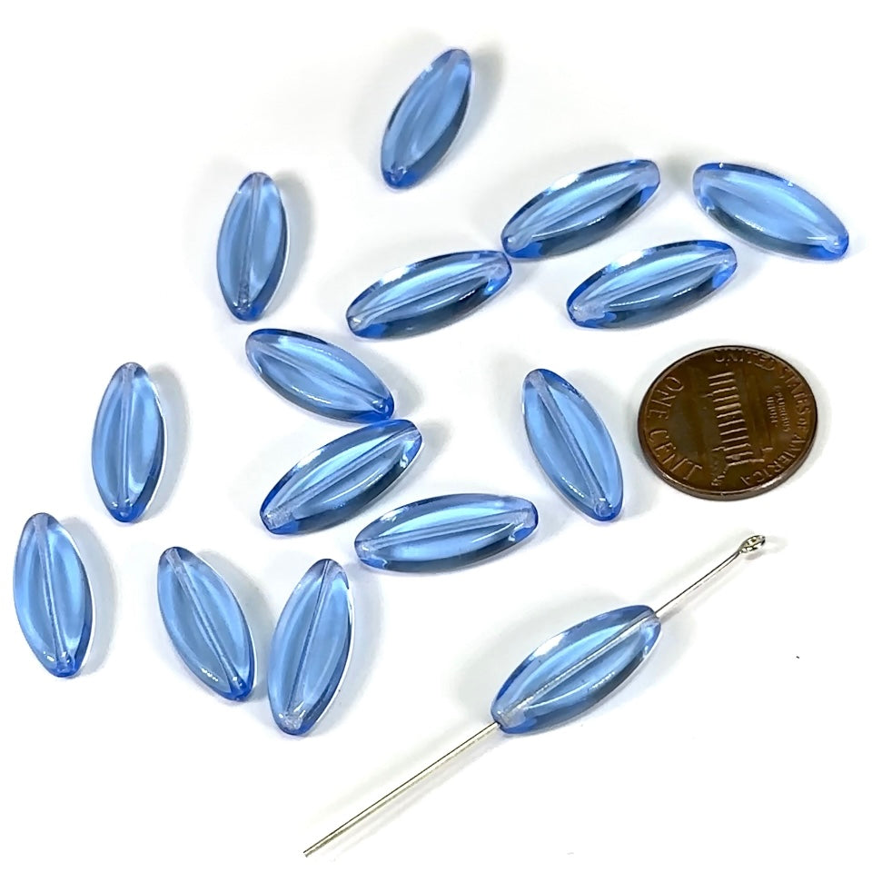 Czech Pressed Druk Glass Beads Spindle Navette 20x8mm Light Sapphire blue 15 pieces CL749