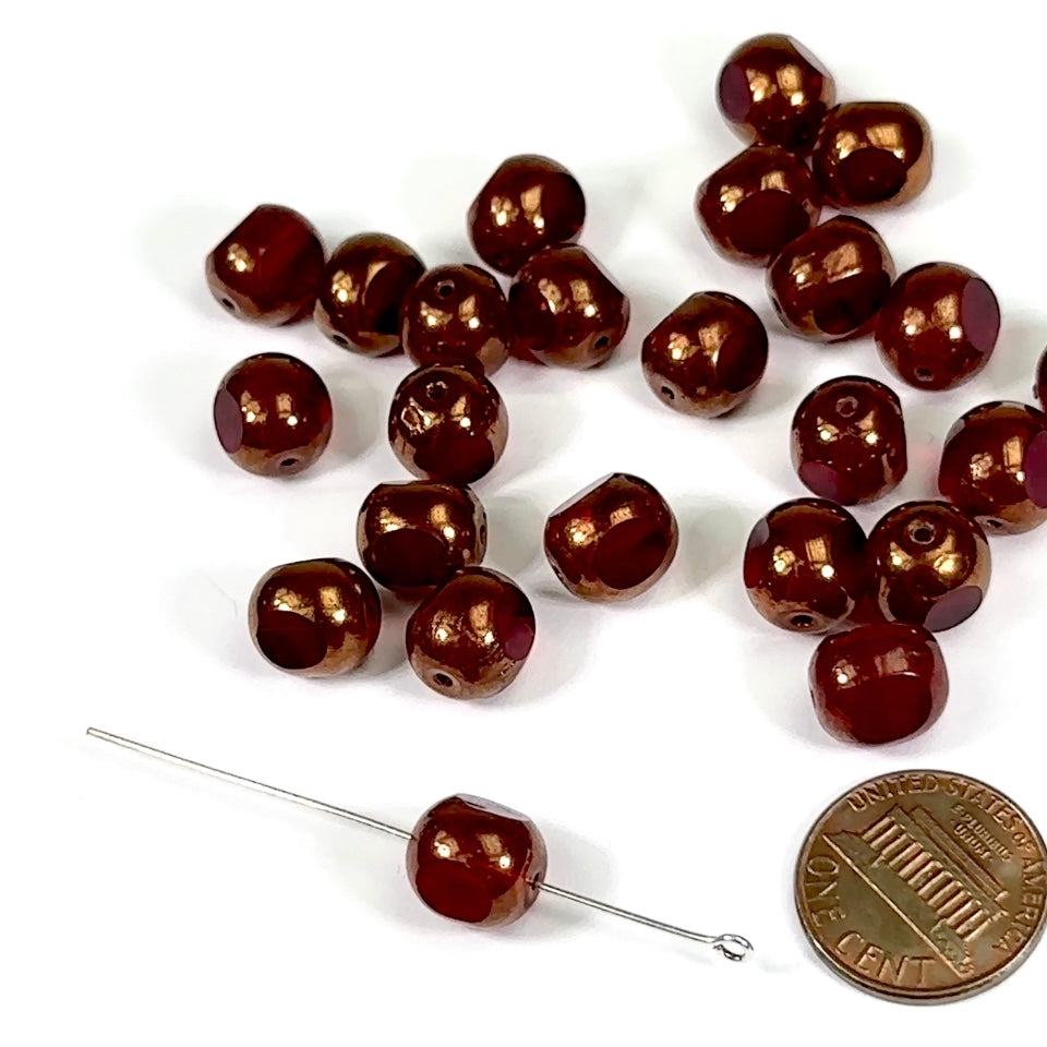 Czech Glass 3-Cut Round Window Beads (Soccer Ball Bead) Art. 151-19501 in size 10mm Red Bronze coated 25pcs CL767