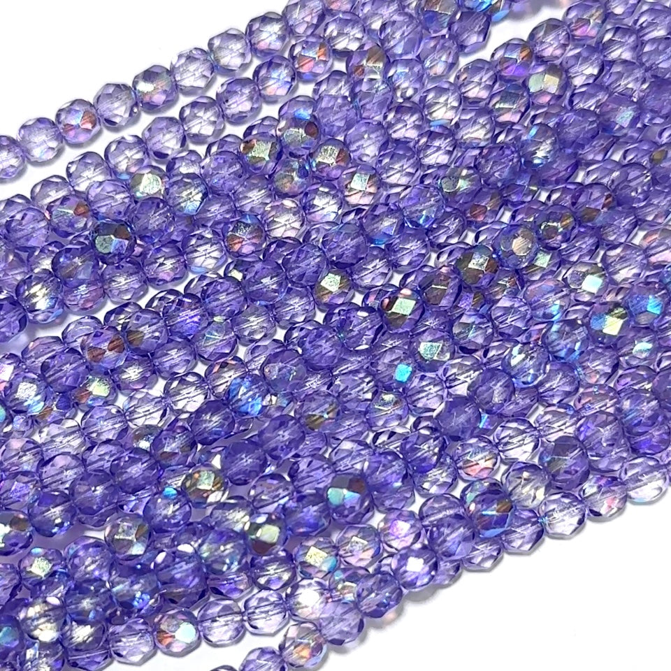 Crystal Purple Lavender AB coated Czech Fire Polished Round Faceted Glass Beads 6mm Violet  Aurora Boreale