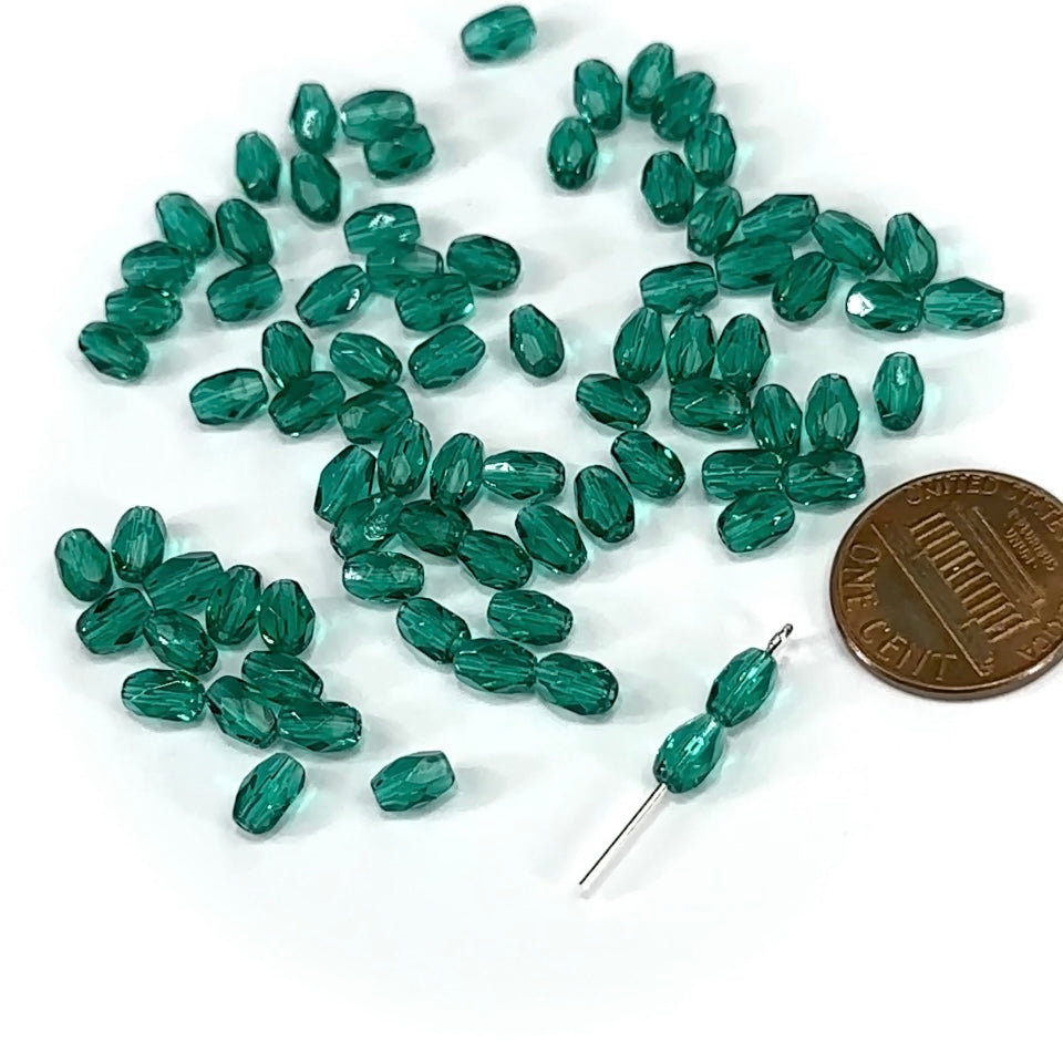 Czech Glass Olive Shaped Faceted Fire Polished Beads 6x4mm Emerald green oval 80 pieces J446