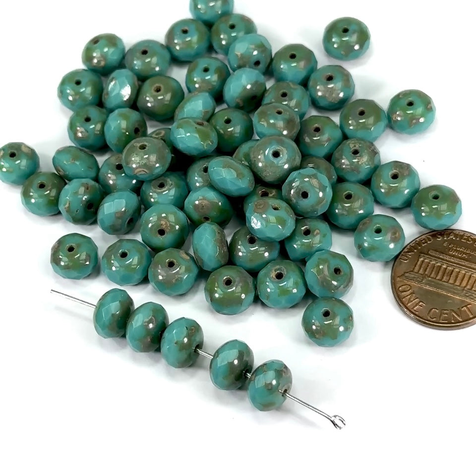 Czech Faceted Glass Doughnut Shaped Fire Polished Rondelle Spacer Beads 9mm Green Turquoise Opaque Light Picasso coated tire/donut beads 24pcs J471