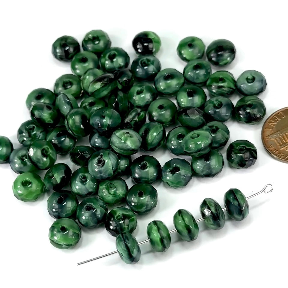 Czech Faceted Glass Doughnut Shaped Fire Polished Rondelle Spacer Beads 9mm Dark Green Givre tire/donut beads 24pcs J474