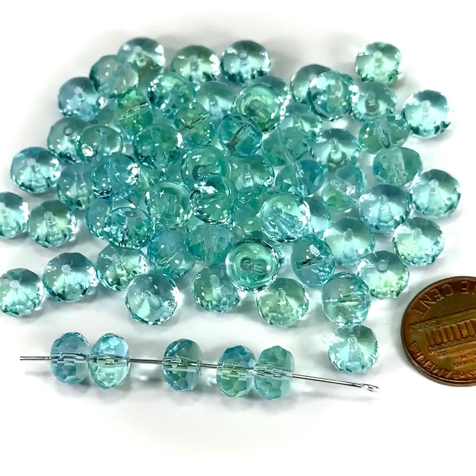 Czech Faceted Glass Doughnut Shaped Fire Polished Rondelle Spacer Beads 9mm Blue Peacock tire/donut beads 24pcs J481