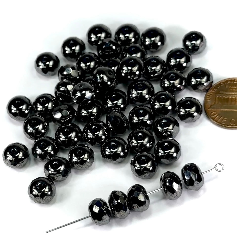 Czech Faceted Glass Doughnut Shaped Fire Polished Rondelle Spacer Beads 9mm Hematite tire/donut beads 24pcs J482