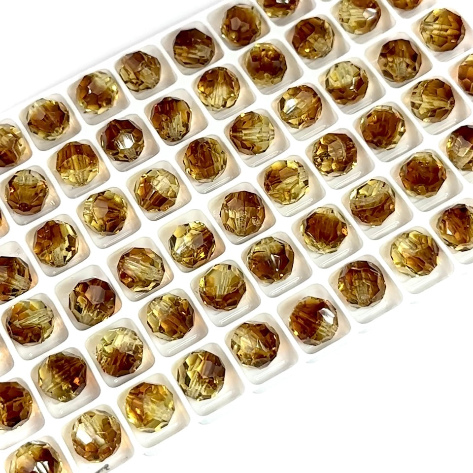 Filemot 2-tone Brown and Yellow Czech Machine Cut Round Crystal Beads 8mm Rosary Size Beads