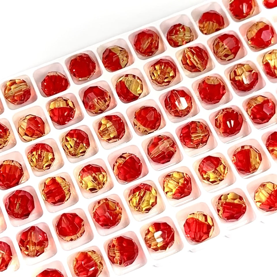 FireOpal 2-tone Red and Yellow Czech Machine Cut Round Crystal Beads 8mm Rosary Size Beads