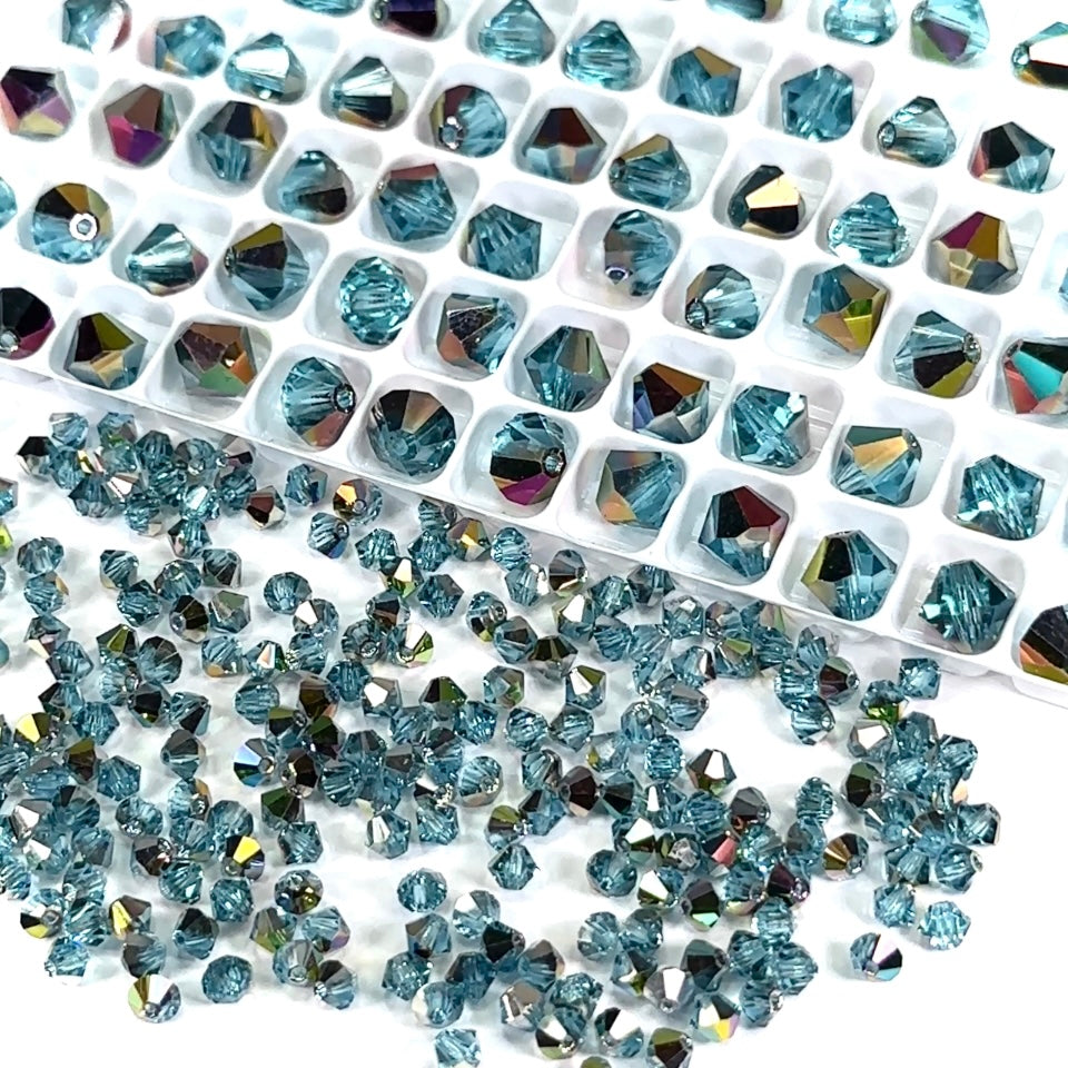 Aqua Vitrail Czech Glass Beads Machine Cut Bicones (MC Rondell Diamond Shape) light blue aquamarine bohemica crystals coated with green vitrail medium 3mm 4mm 6mm 8mm