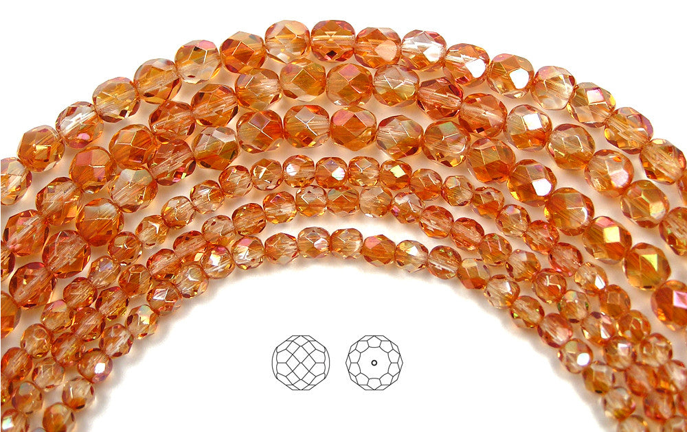 Crystal Apricot Medium, loose Czech Fire Polished Round Faceted Glass Beads