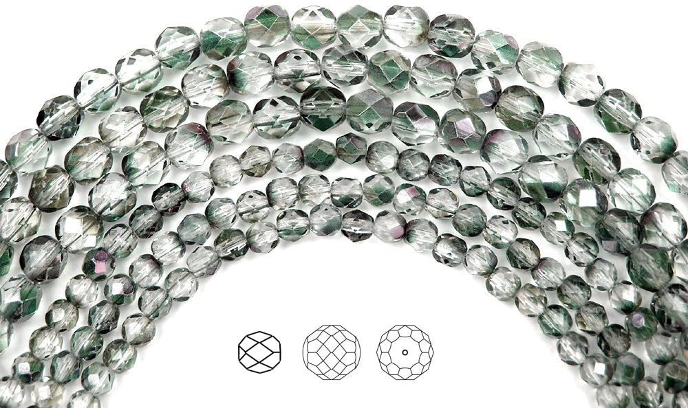 Crystal Mint Shimmer Luster, Czech Fire Polished Round Faceted Glass Beads, 16 inch strand
