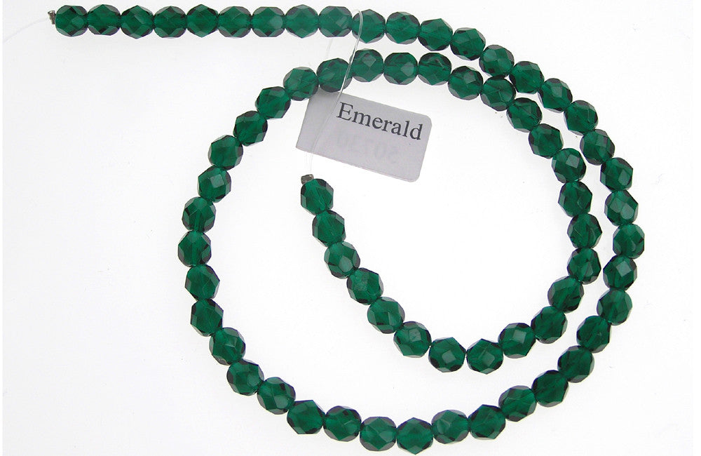 Emerald green, Czech Fire Polished Round Faceted Glass Beads, 16 inch strand