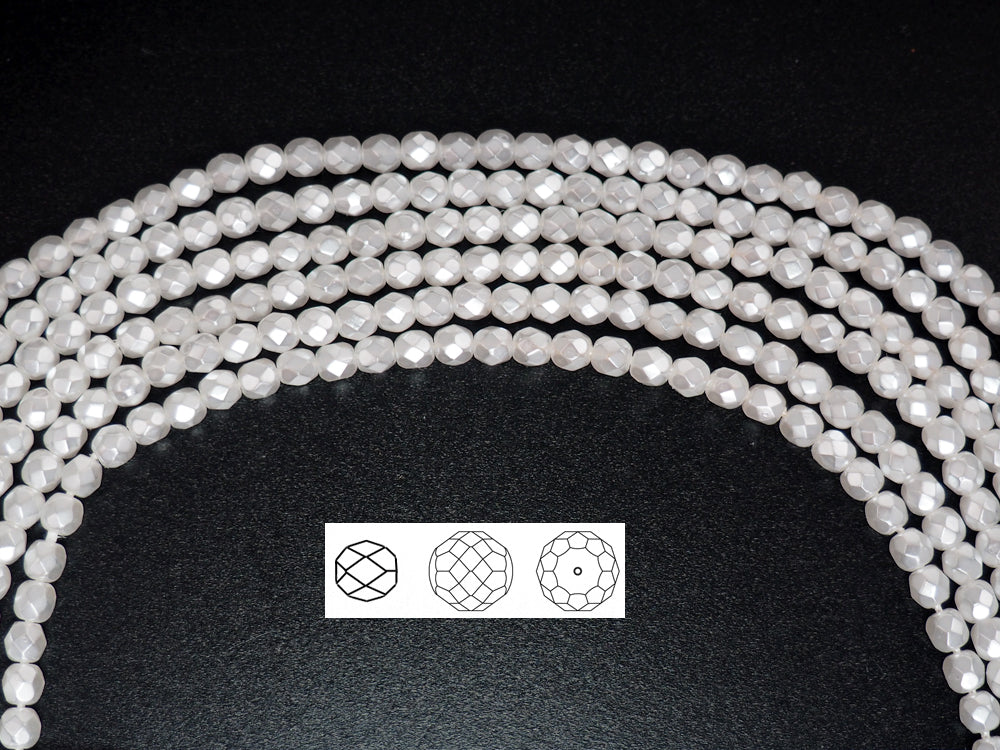 White Carmen Metallic Pearl Czech Fire Polished Round Faceted Glass Beads Faceted Pearls 3mm 4mm 6mm 8mm