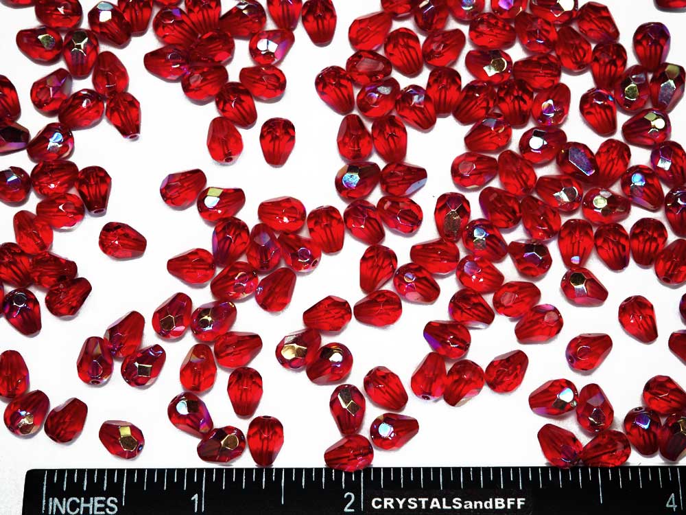 Czech Glass Pear Shaped Fire Polished Beads 8x6mm Light Siam AB Tear Drops 50 pieces P386