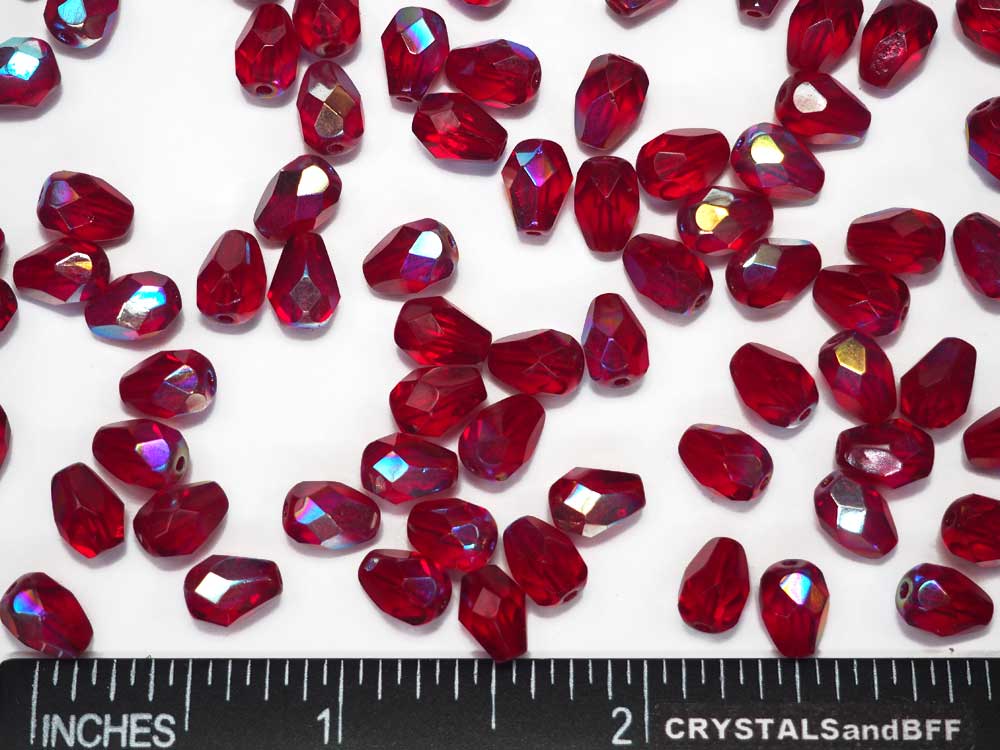 Czech Glass Pear Shaped Fire Polished Beads 8x6mm Siam AB red Tear Drops 50 pieces P392