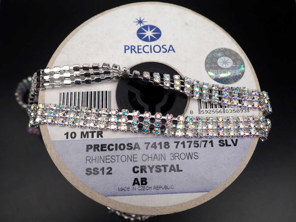 Preciosa Czech 3-ROW Rhinestone Cup Chain ss12 Crystal AB Silver