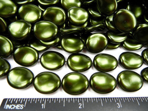 Dark Green Pearl, 30pcs of Preciosa Czech flat curved glass pearls